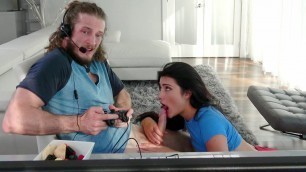 Adria Rae is sucking Brick Danger's cock as he playing video games - Porn Movies - 3Movs